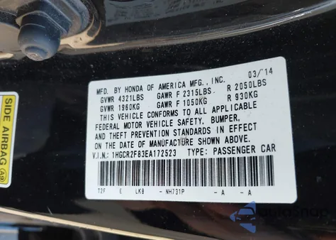 2014 Honda Accord Ex-L z USA, uszkodzony, nr VIN 1HGCR2F83EA172523